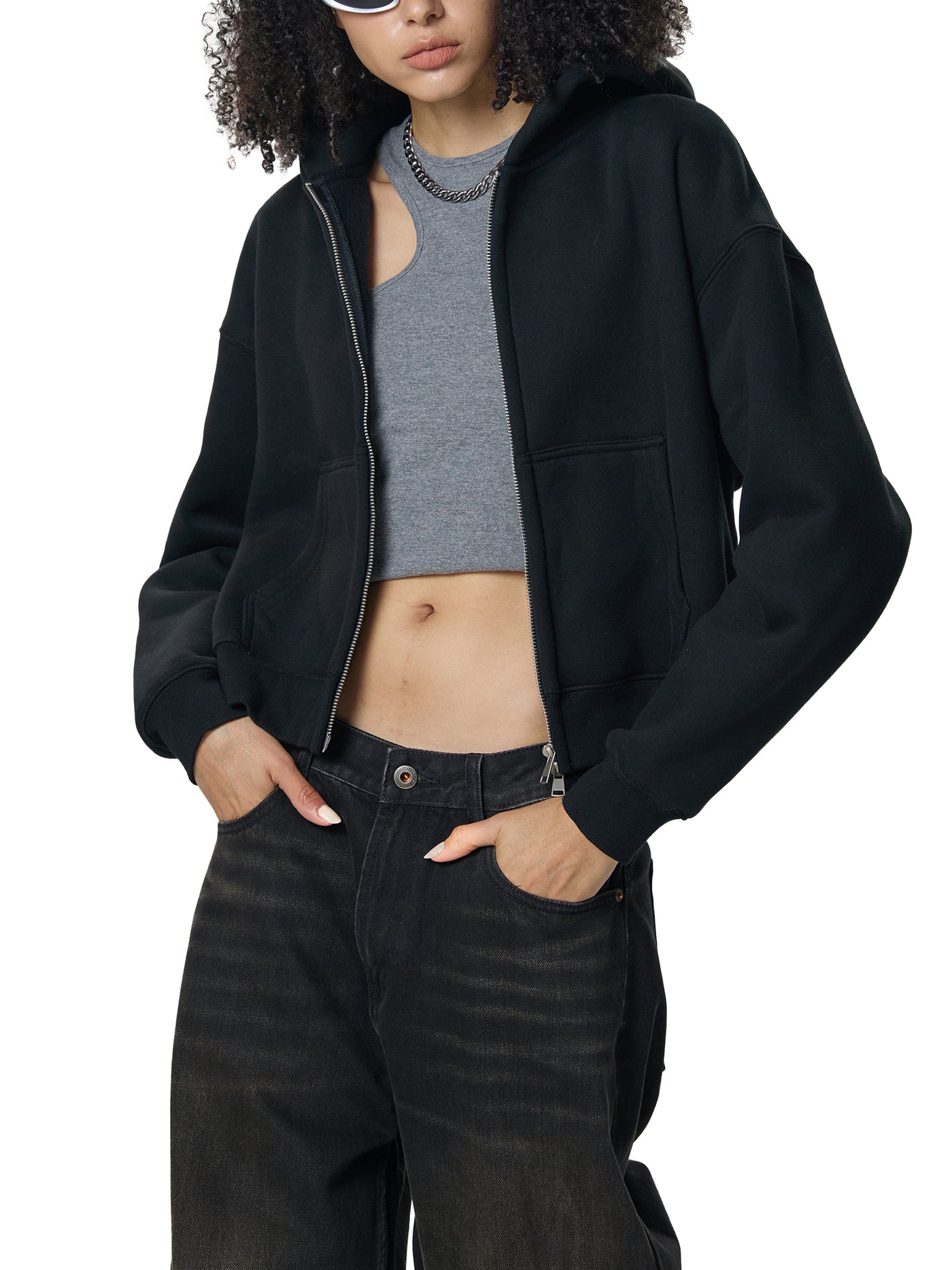 Fleeced Zip-Up Cropped Hoodie