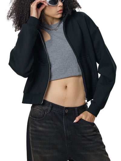 Fleeced Zip-Up Cropped Hoodie