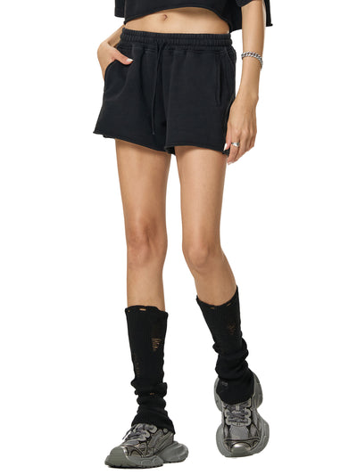 Snow Washed Raw Edge Drawstring Shorts